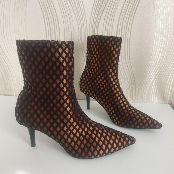 ZARA Pointed Toe Ankle Boots 7.5 Bronze Black Mesh Heels Glam Clubwear - Picture 2 of 14